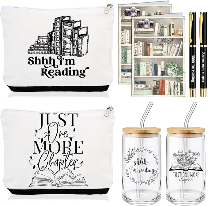 8 Pcs Books Club Gifts Book Lovers Gifts for Women Blind Date with a Read Include 16 oz Glass Cup Canvas Makeup Bag Ballpoint Pen Card for Librarian Reader Bookish Teacher