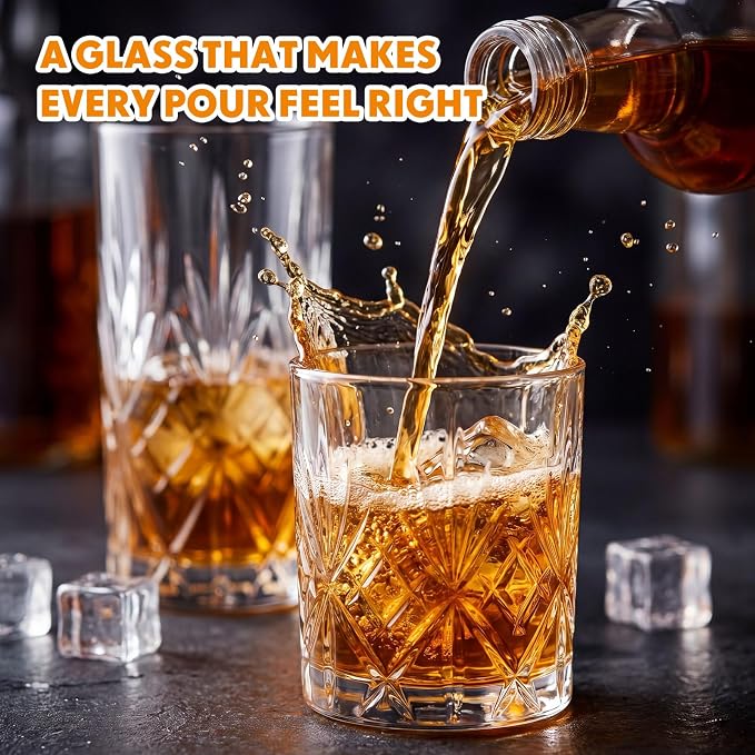 Whisky Drinking Glasses Set of 8, Mixed Glassware Set, 4 Pcs Crystal Whiskey Glasses 12 oz Highballs and 4 Piece 8 oz Cocktail Rocks Glass for Bourbon Scotch Liquor Cocktails Barware