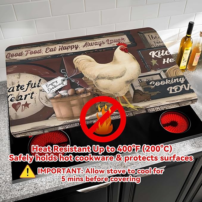 Decorative Stove Top Covers for Electric Stove 28"x20" – Heat Resistant Glass Cooktop Protector Dish Drying Mat – Non-Slip Rubber Backing Washer Top Cover Waterproof Extra Counter Space (Rooster)