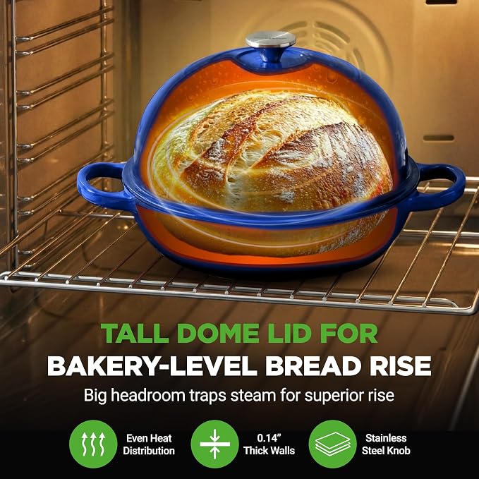 NutriChef 10.2" Enameled Cast Iron Bread Oven, Dome-Shaped Sourdough Baking Pan with Handles & Silicone Gloves, Oven-Safe to 500°F, Dishwasher Safe Dutch Oven Bread Pan (Blue)