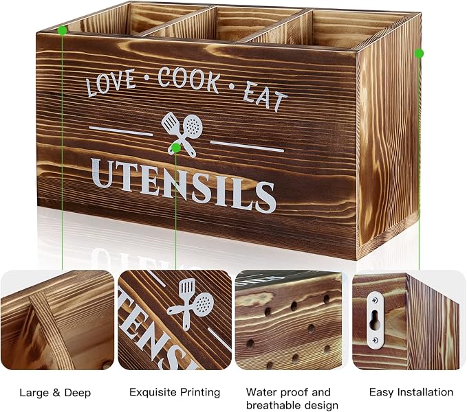 MINCORD Brown Utensil Holder Rustic Wood Utensil Caddy Crocks with 3 Compartments for Kitchen Counter, Farmhouse Flatware Organizer Storage Box for Silverware Fork Spoon Spatula