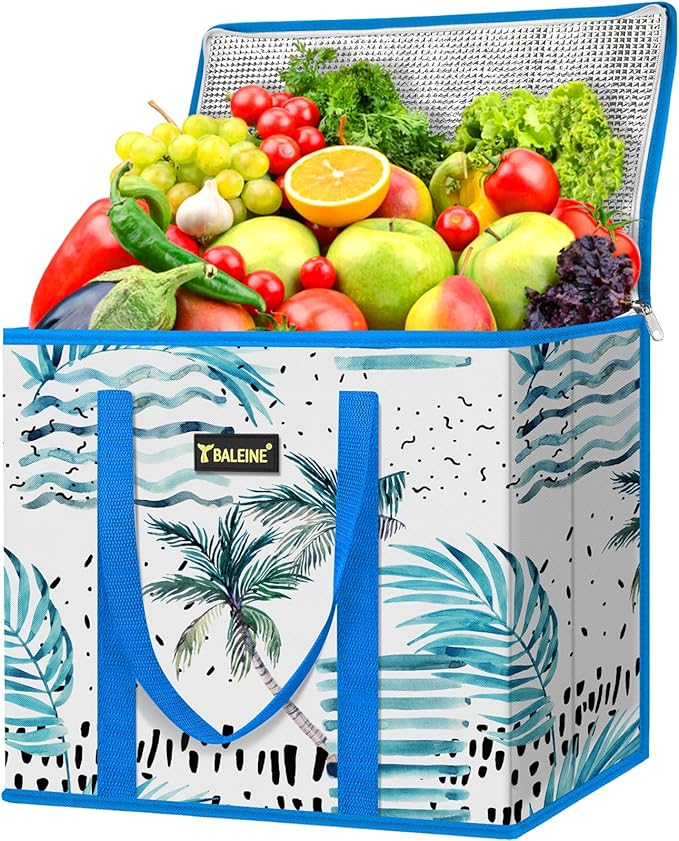 BALEINE 1Pk Insulated Reusable Grocery Bags, Foldable Shopping Bags for Groceries with Reinforced Bottom & Handles (Island Breeze)