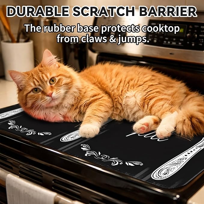 Decorative Stove Top Covers for Electric Stove 28"x20" – Heat Resistant Glass Cooktop Protector Dish Drying Mat – Non-Slip Rubber Backing Washer Top Cover Waterproof Extra Counter Space (Kitchen 2)