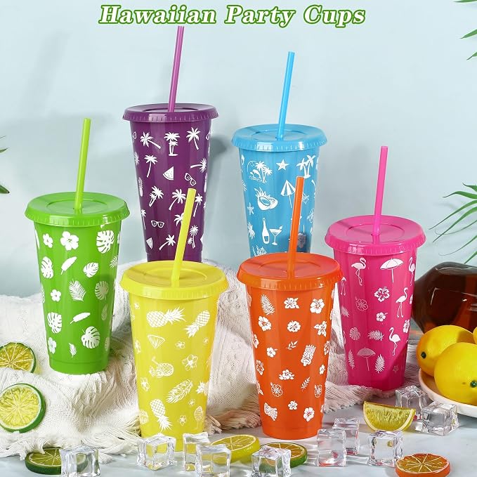 Kochorie 24 oz Hawaiian Luau Tumbler Cups with Straw and Lid - 6 Design Reusable Plastic Travel Mug Cup for Luau, Tiki Party Favors