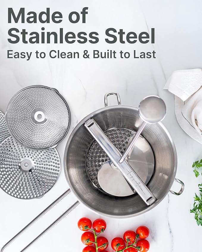 Premium 4-Disc Stainless Steel Food Mill – Ergonomic Rotary Hand Crank for Tomato Sauce, Canning, Applesauce, Baby Food, Mashed Potatoes, Puree & Jams