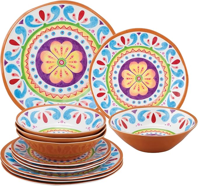 UPware 12 Piece Cinco de Mayo Melamine Dinnerware Sets, Outdoor Dishes Set, Plates and Bowls Sets, Cinco de Mayo Decorations, Service for 4, Multicolor