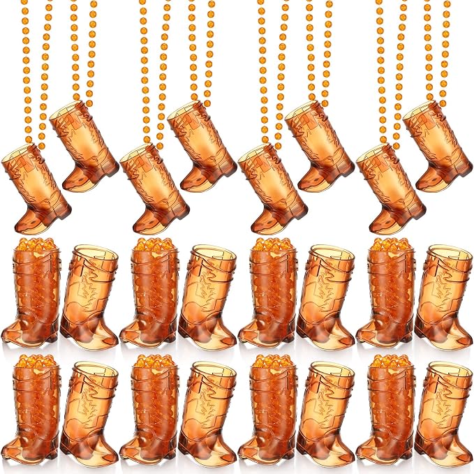 Sieral 24 Pcs Cowboy Boot Shot Glasses on Beaded Necklace Plastic Reusable Cowgirl Shot Boot Glasses Necklace Party Cups for Cowboy Cowgirl Bachelorette Carnival Western Birthday (Transparent Brown)