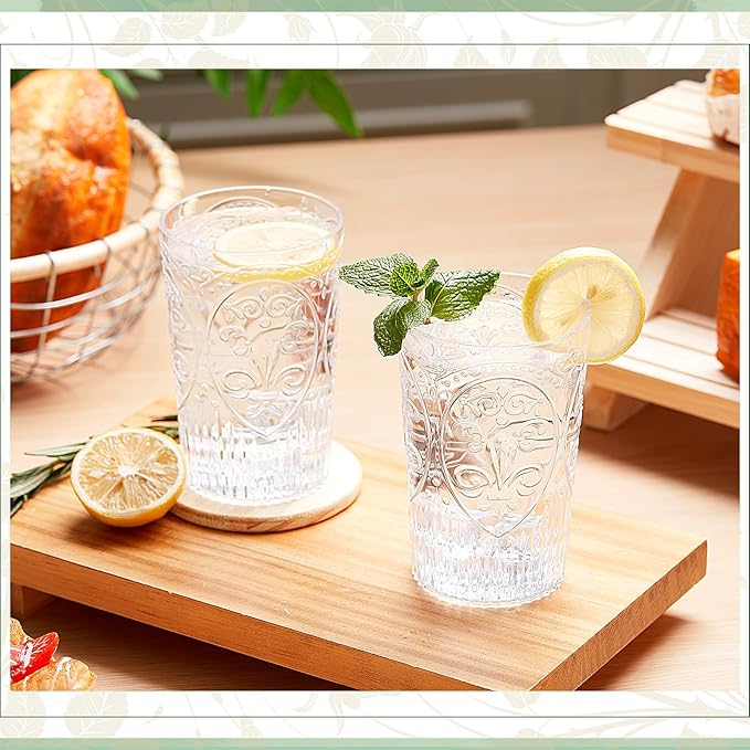 24 Pcs 16 oz Plastic Vintage Drinking Glasses Stemless Ribbed Highball Glasses Bulk Embossed Reusable Cup for Water Beer Cocktails Juice Wedding Bridal Shower Birthday Event Party (Clear)
