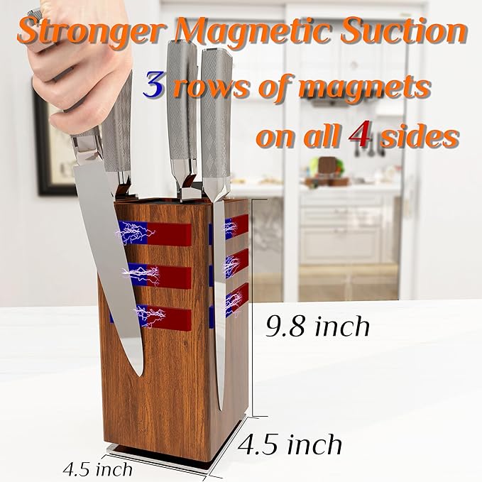 Brosisincorp 360° Rotating Magnetic Knife Block without Knives - Universal Holder for Counter Top with Removable Bristles, Acacia Wood
