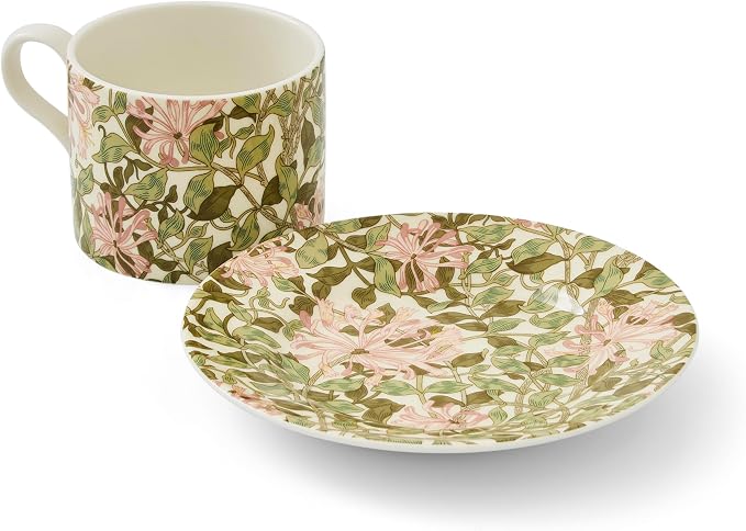 Spode Morris & Co 8.5oz Teacup & Saucer - Honeysuckle| Porcelain | Microwave & Dishwasher Safe | Novelty Cup for Coffee, Tea, Hot Choco - Elegant for Brunch, Parties, Breakfast