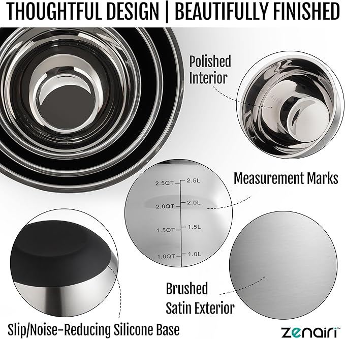 Premium Quality Stainless Steel Mixing Bowls with Lids, 3-Piece Set, Dishwasher-Safe Clear Glass Lids, No Plastics