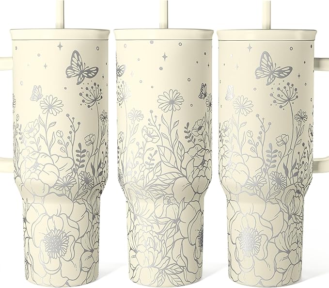 Floral Tumbler with Handle 40oz, Stainless Steel Insulated Tumblers Coffee Travel Mug Cup with Straw, Flower Coffee Cup Gifts for Women Girls, Gift for Her on Christmas Birthday Mothers Day