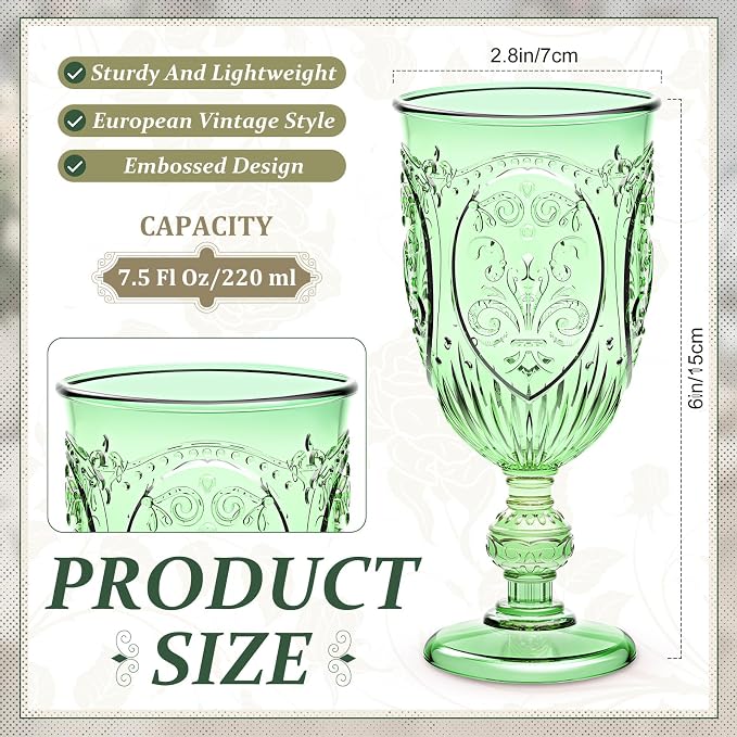 Wiwiqing 6 Pcs Plastic Goblets 7.5oz Vintage Goblet Plastic Wine Glasses Colored Retro Embossed Water Goblets for Wine Bar Juice Baby Shower Wedding Reception Grand Event Party (Green)