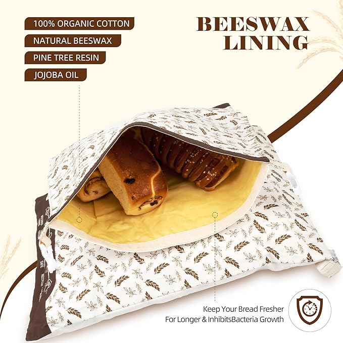 Beeswax Bread Bags for Homemade Bread & Sourdough, Elegant 2-Pack XL Reusable Cotton Bread Storage Bags, Beeswax Lined, Freezer Safe 17×13 in – PUCHIS | Breathable cotton