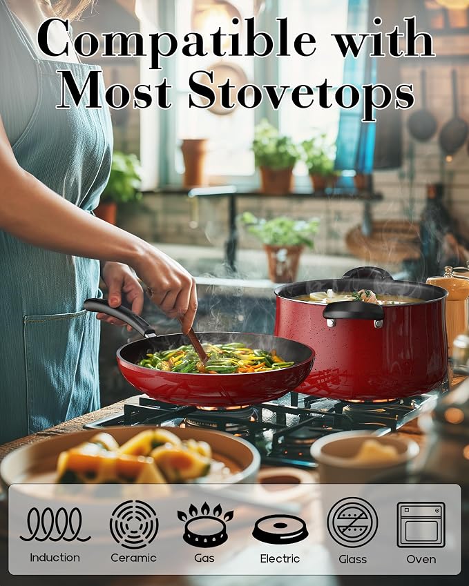 Cook N Home Professional Pots and Pans Nonstick Cookware Set, Belly Shape Kitchen Cooking Set with Frying Pans and Saucepans, Induction Compatible, 10-Piece, Red