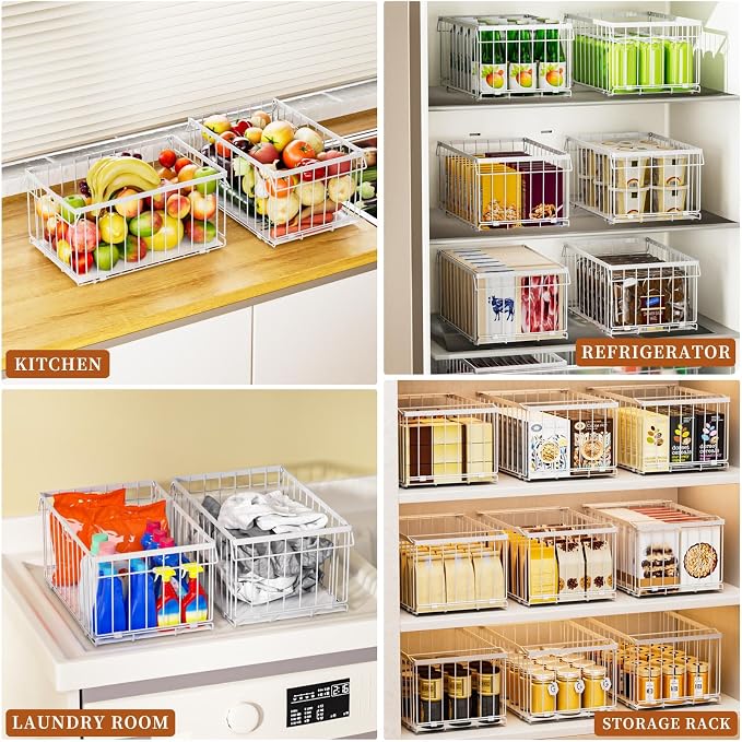 Large Freezer Organizer Bins, Upgrade Quick Expand/Collapse Feature, for 5-9 Cu.Ft Deep Freezer, 4 Pack Stackable Deep Freezer Organizer Bins, Black Wire Foldable Baskets White 6 Pack