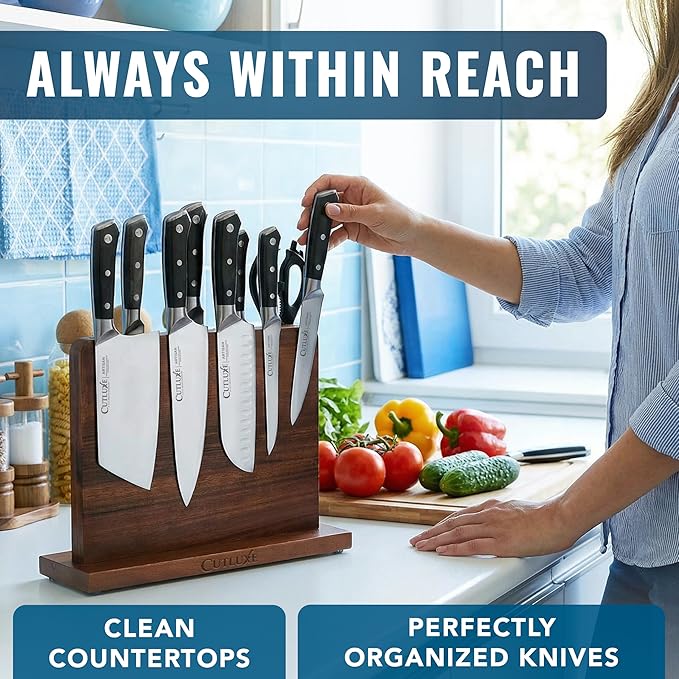 Cutluxe Magnetic Knife Block - Double Sided Acacia Wood Knife Holder, Strong Magnetic Strips, Universal Fit Knife Storage Stand