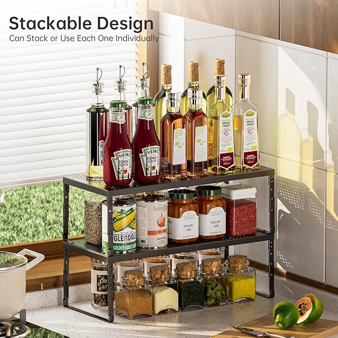 Cabinet Shelf Organizer, Spice Rack,Stackable, Expandable, Rust Resistant, Convenient Kitchen Storage, Metal Shelf for Kitchen, Countertop, Restroom(3Packs/Black,Medium)