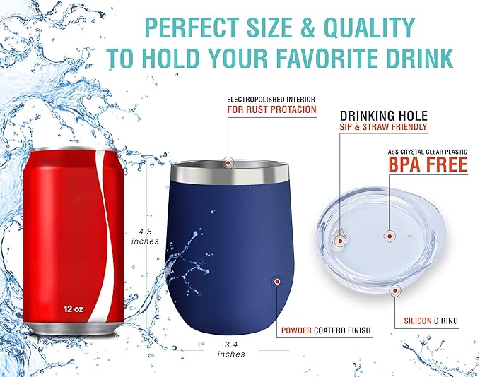 CHILLOUT LIFE 12 oz Stainless Steel Wine Tumbler with Lid - Double Wall Vacuum Insulated Wine Cup Glass Keeping Cold & Hot for Coffee, Champagne, Cocktails, Ice Cream - Powder Coated Navy Blue