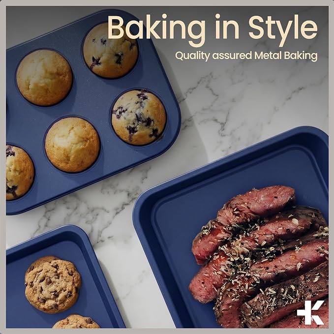 BAKKEN Nonstick Carbon Steel Bakeware Set - 6 Piece Kitchen Baking Trays, Non Toxic Stackable Oven Pans Bundle with Cookie Sheets, 6 Cup Muffin, Roaster, Square Cake, and Loaf Pan for Bread