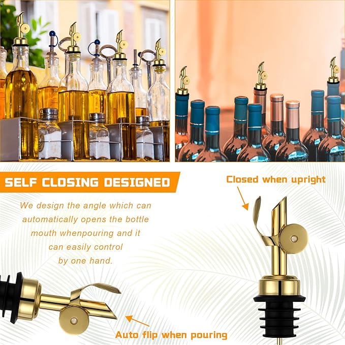 Blulu 24pc Olive Oil Spout Stainless Steel Weighted Bulk Self-Closing Bottle Pourers for Wine Syrup Home Bar Accessories (Gold)