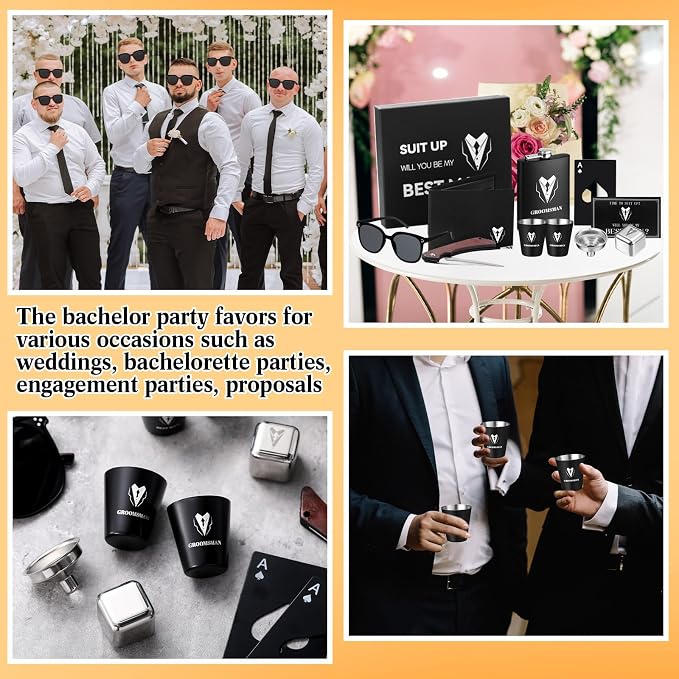 Mimorou 88 Pcs Groomsmen Proposal Gifts - Shot Glasses, Stainless Steel Ice, Flask, Funnel, Gift Boxes, Sunglasses, Knives, Bottle Opener, Cards, Wallets for Wedding Groomsmen Present Set