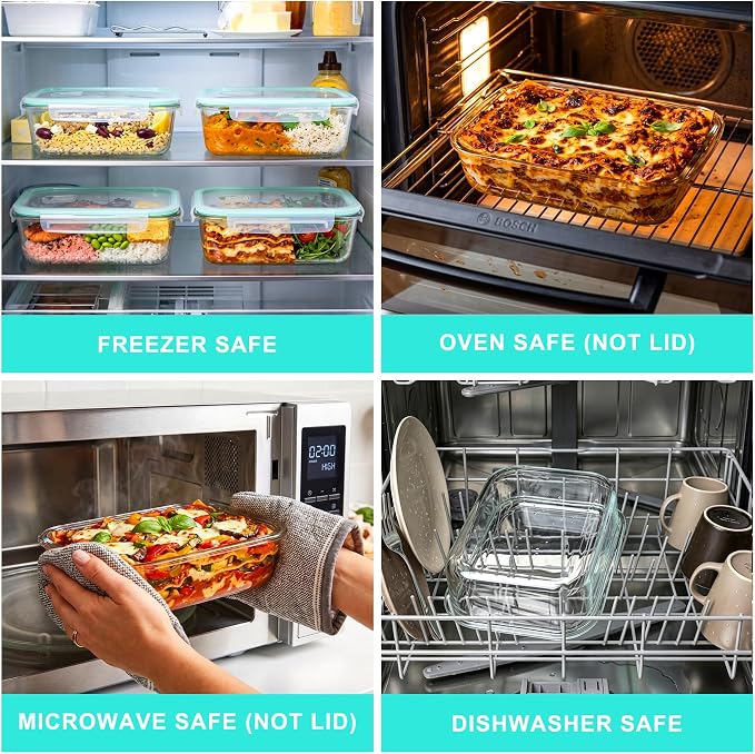 4 Pack 52oz Large Glass Food Storage Containers With Lids - Meal Prep Containers With Airtight Lid For Baking, Storing,Freezer, Dishwasher, Microwave And Oven Safe, Bpa Free（Teal）