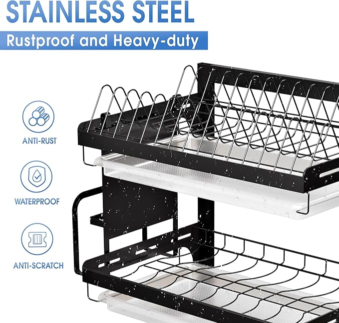 3 Tier Large Wall Mounted Dish Drainer, Stainless Steel Dish Rack, Dish Drying Rack for Kitchen with Utensil Organizer (Black)