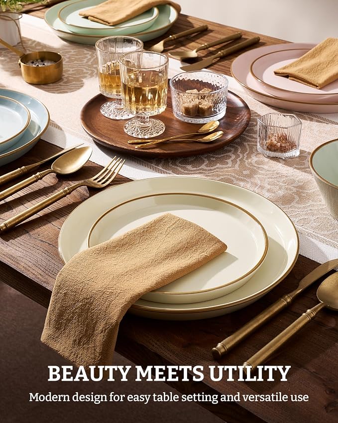 Famiware Saturn Stoneware Dinnerware Sets for 8 (24 Pieces), Ceramic Plates and Bowls Dish Sets with Hand-Painted Trim - Chip & Scratch Resistant, Microwave & Dishwasher Safe Tableware, Multi-color