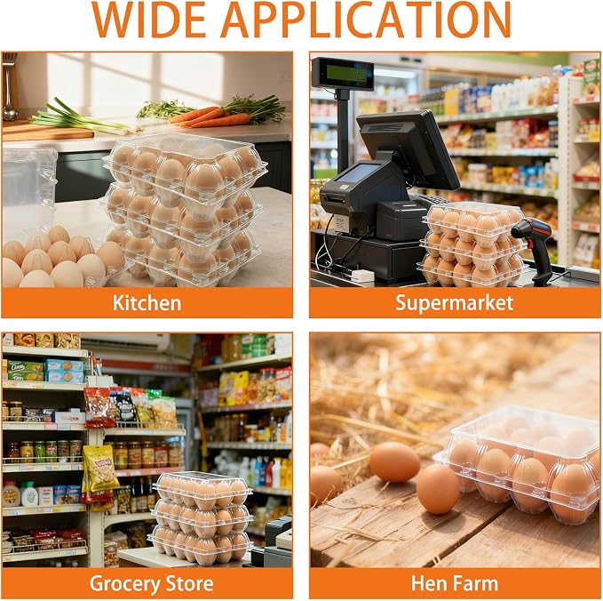 100 Pack 3x4 Plastic Egg Cartons Bulk 12 Count Clear, Reusable Stackable Dozen Chicken Eggs Containers Holders for Storage, Family, Farm Markets and Commercial Display