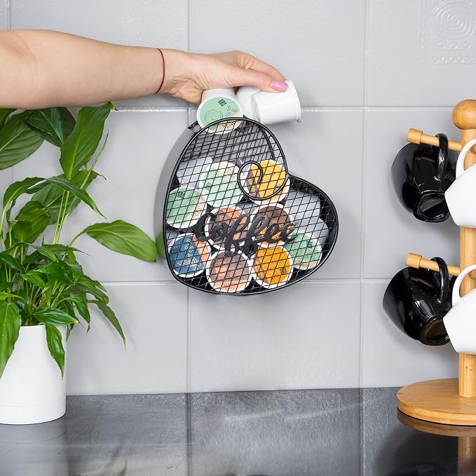 Made Easy Kit Coffee Pod Organizer - Home Coffee Bar Functional Décor - Café Station Countertop Storage Accessories (Black Heart (Mountable))