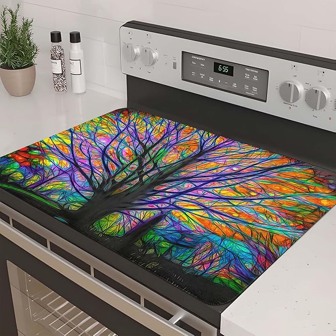 Decorative Stove Top Covers for Electric Stove 28"x20" – Heat Resistant Glass Cooktop Protector Dish Drying Mat – Non-Slip Rubber Backing Washer Top Cover Waterproof Extra Counter Space (Tree 1)