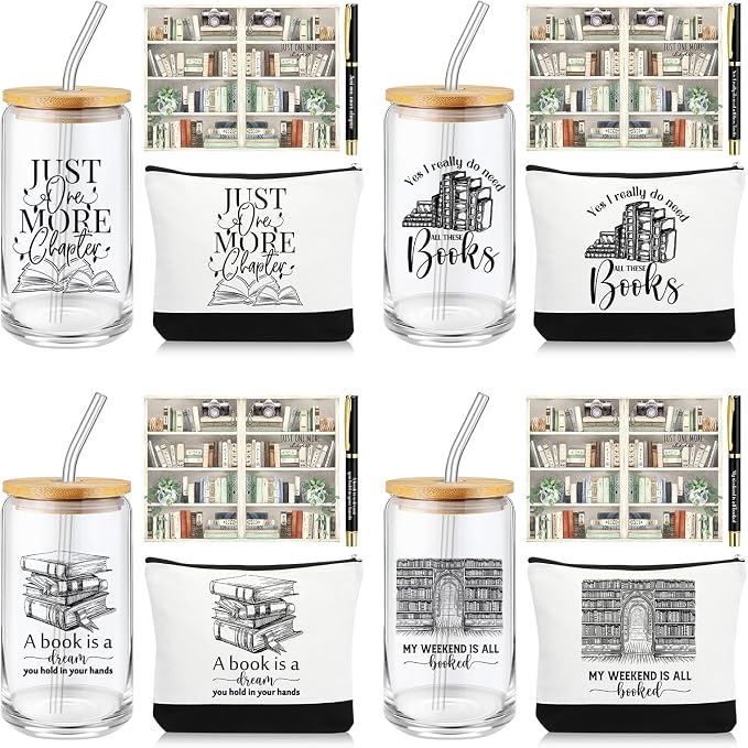 16 Pcs Books Club Gifts Book Lovers Gifts for Women Blind Date with a Read Include 16 oz Glass Cup Canvas Makeup Bag Ballpoint Pen Card for Librarian Reader Bookish Teacher