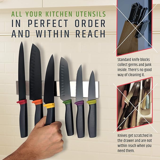 HMmagnets Premium 10 Inch Stainless Steel Magnetic Knife Holder For Wall - Professional Magnetic Knife Strip - Space-Saving Knife Rack/Knife Bar With Powerful Magnetic Pull Force (Upgraded Version)