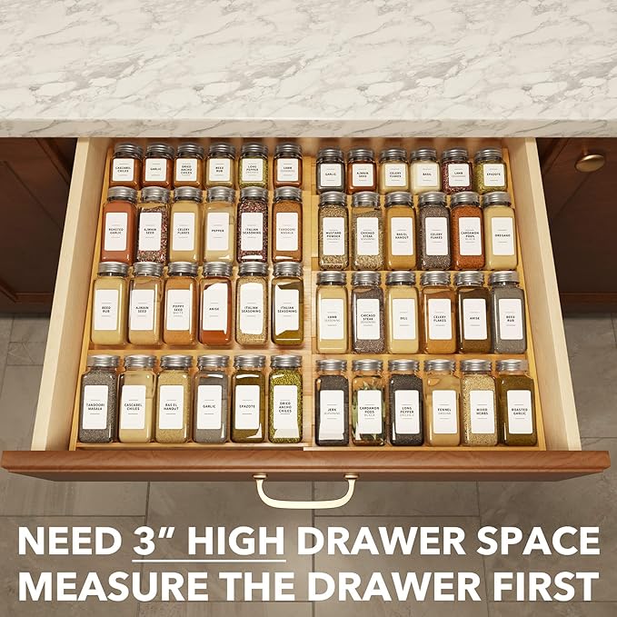SpaceAid Bamboo Spice Drawer Organizer and Bamboo Silverware Drawer with Labels Kitchen Utensil Expandable Tray Holder Organizer for Flatware