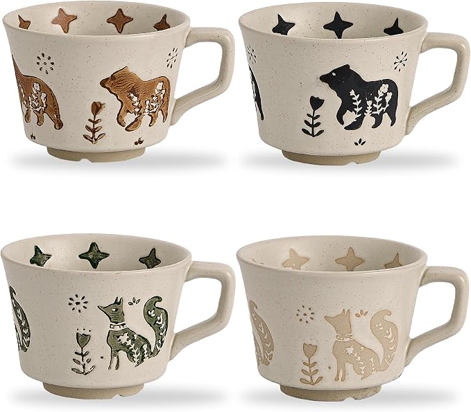12 oz Vintage Ceramic Coffee Mug Set of 4 - Handmade Stoneware Pottery Countryside Farmhouse Fall Autumn Tea Mugs with Big Handle for Latte,Cocoa,Dishwasher & Microwave Safe Cups (Animals)