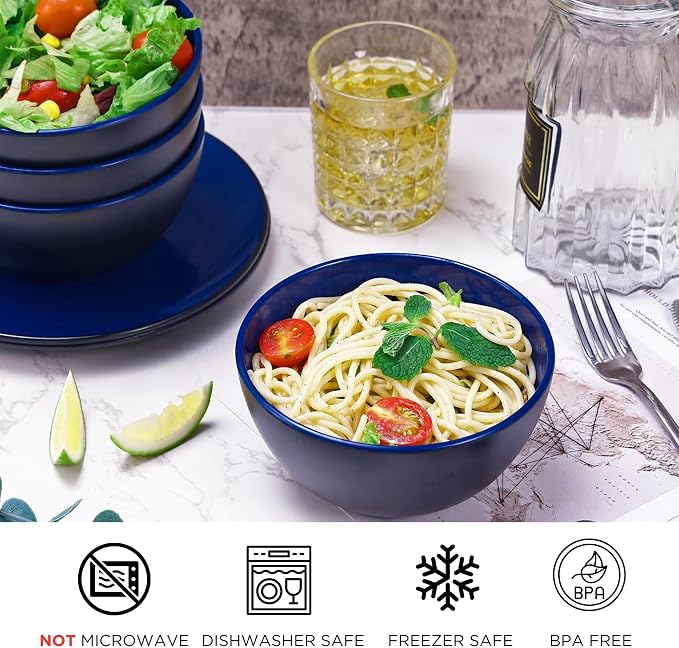 TP 12-Piece Melamine Dinnerware Sets, Plates and Bowls Dishes Set for 4, Break-Resistant & Non-Microwavable, Lightweight Dinner Plates, Black and Blue