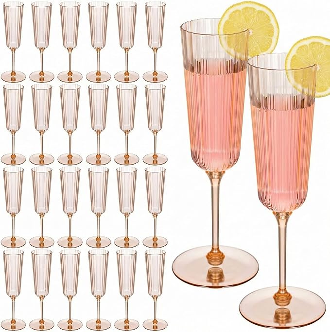 Jingmore 24 Pcs Plastic Ribbed Champagne Flutes With Stem, 6.4 oz Clear Vintage Disposable Vintage Glasses for Wedding Birthday Anniversary (Champagne Power)