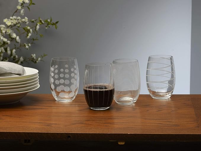 Mikasa Cheers Stemless Wine Glasses, Set of 4, 17-Ounce Clear Glasses, Durable and Elegant, Perfect for Red or White Wine, Dishwasher Safe