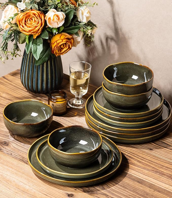 TheTerra Ceramic Dinnerware Sets for 4, 12 Pieces Porcelain Lightweight Plates and Bowls Sets, Scratch Resistant Dish Set, Oven & Microwave & Dishwasher Safe, Olive Moss