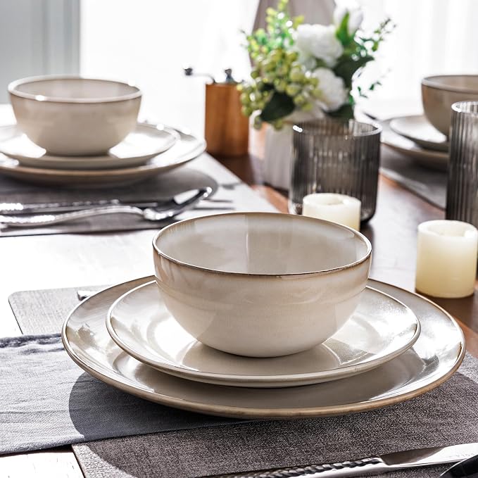 GBHOME 24 Pieces Double Bowls Dinnerware Sets for 6, Stoneware Plates and Bowls Set with Reactive Glaze, Scratch Resistant Stoneware Dishes Set, Dishwasher & Microwave Safe