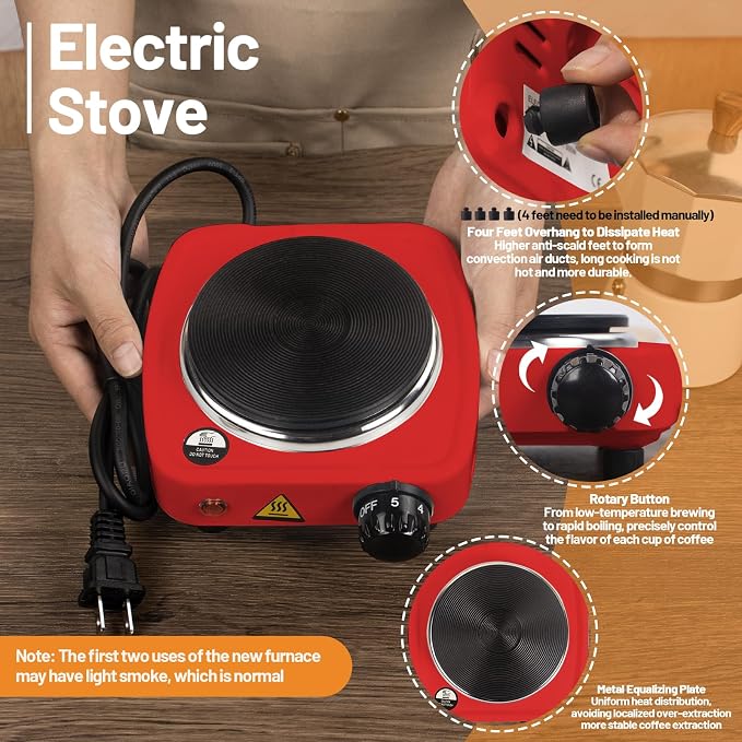 2-in-1 Aluminum Moka Pot Set with Electric Stove Classic Stovetop Espresso Coffee Maker 150ml 5oz Mocha Express Portable Gift Camping Travel Preferred Cafe Italian Cuban Café Brewing 3 Cup