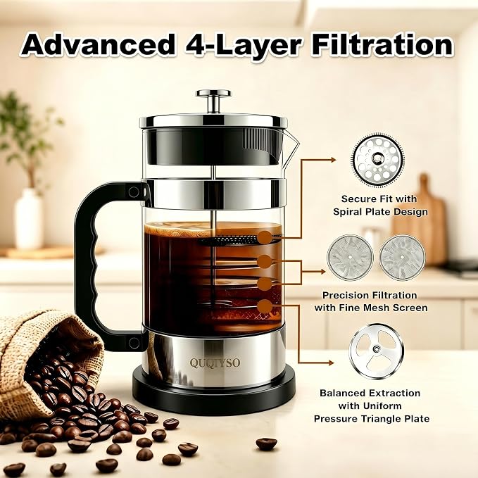 QUQIYSO French Press Coffee Maker, 2.5mm Thick Borosilicate Glass, 4 Layer Stainless Steel Filter, BPA Free Cold Brew Coffee Maker & Teapot, Durable Coffee Press for Home, Travel, 34oz, Silver