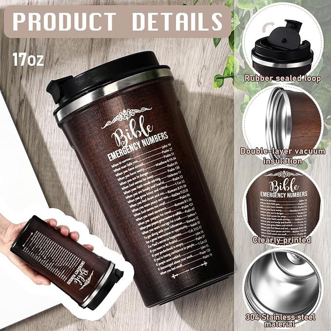 Meanplan 10 Set Father's Day Christian Bible Verse Tumbler Bulk 17oz Coffee Cup Religious Jesus Tumbler Inspirational Mug for Pastor Appreciation Gifts(Brown, Emergency Number Style)