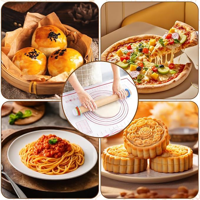 Adjustable Wooden Rolling Pin with 4 Thickness Rings (2/4/6/10mm), Pastry Baking Mat with Measurement Guide, Wooden Phone Stand, Baking Tools for Fondant, Pizza, Pie Crust & Cookies (Beech Wood)
