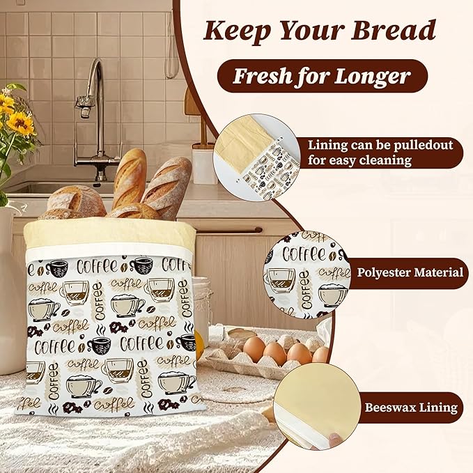 Bread Bags for Homemade Bread, Coffee Time 2 Pack Linen and Beeswax Sourdough Storage Bags, Reusable Keeper, Keeps Breads Fresh Longer, Gifts for Bakers
