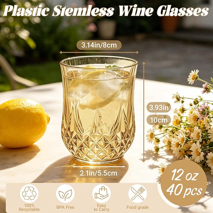 40 Pack Plastic Stemless Wine Glasses,12oz Unbreakable Vintage Elegant Drinking Glass Set,Reusable Fancy Cocktail Cups for Party, Wedding, and Bulk Events (40, 12oz-Gold)