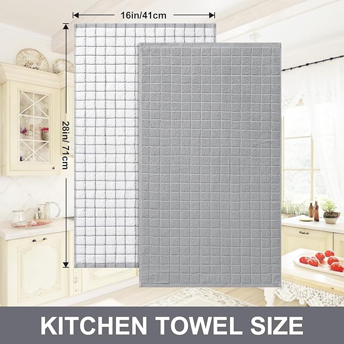 Homaxy Premium Cotton Kitchen Towels 16"x 28", Large Natural Ring Spun 390 GSM Dish Towels, Super Absorbent Terry Kitchen Hand Towels, Soft Tea Towels with Hanging Loop, Light Grey Design, 4 Pack