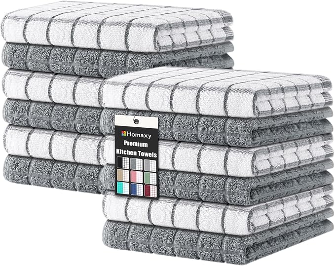Homaxy Premium Cotton Kitchen Dish Cloths 12"x 12", Natural Ring Spun 390 GSM Dish Rags, Super Absorbent Terry Dish Towels, Soft Dishcloths with Hanging Loop, Grey Check Design, 12 Pack