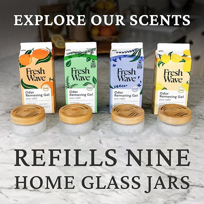 Fresh Wave Odor Removing Gel Eco-Refill, 63 oz. Orange Scent | 2 Empty Refillable Glass Jars | 2 Room Set
